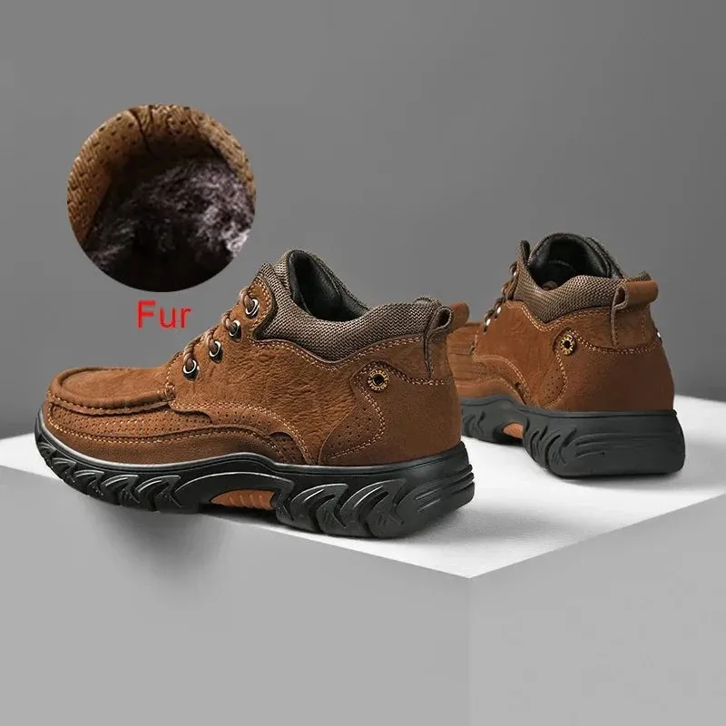Men Snow Boots Mountaineering Comfortable Durable Warm Non Slip Lace Up Ankle Boots British Style Winter Fur Shoes
