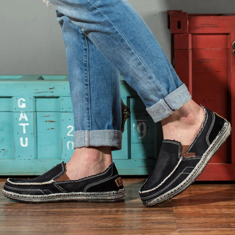 Men's Casual Cloth Shoes Canvas Slip on Loafers Leisure Vintage Flat Boat Shoes