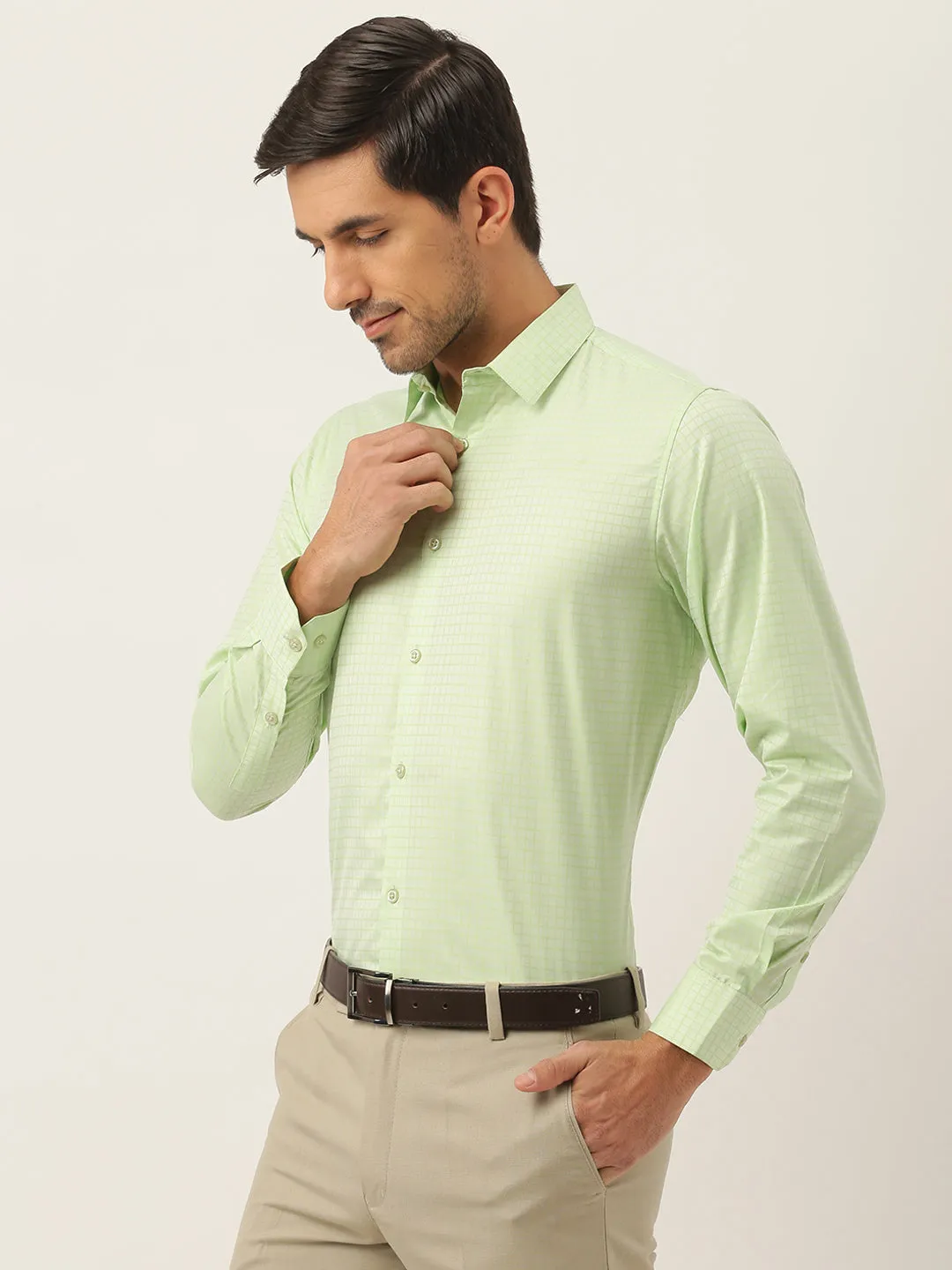 Mens Cotton Green Checked Formal Shirt - Sojanya