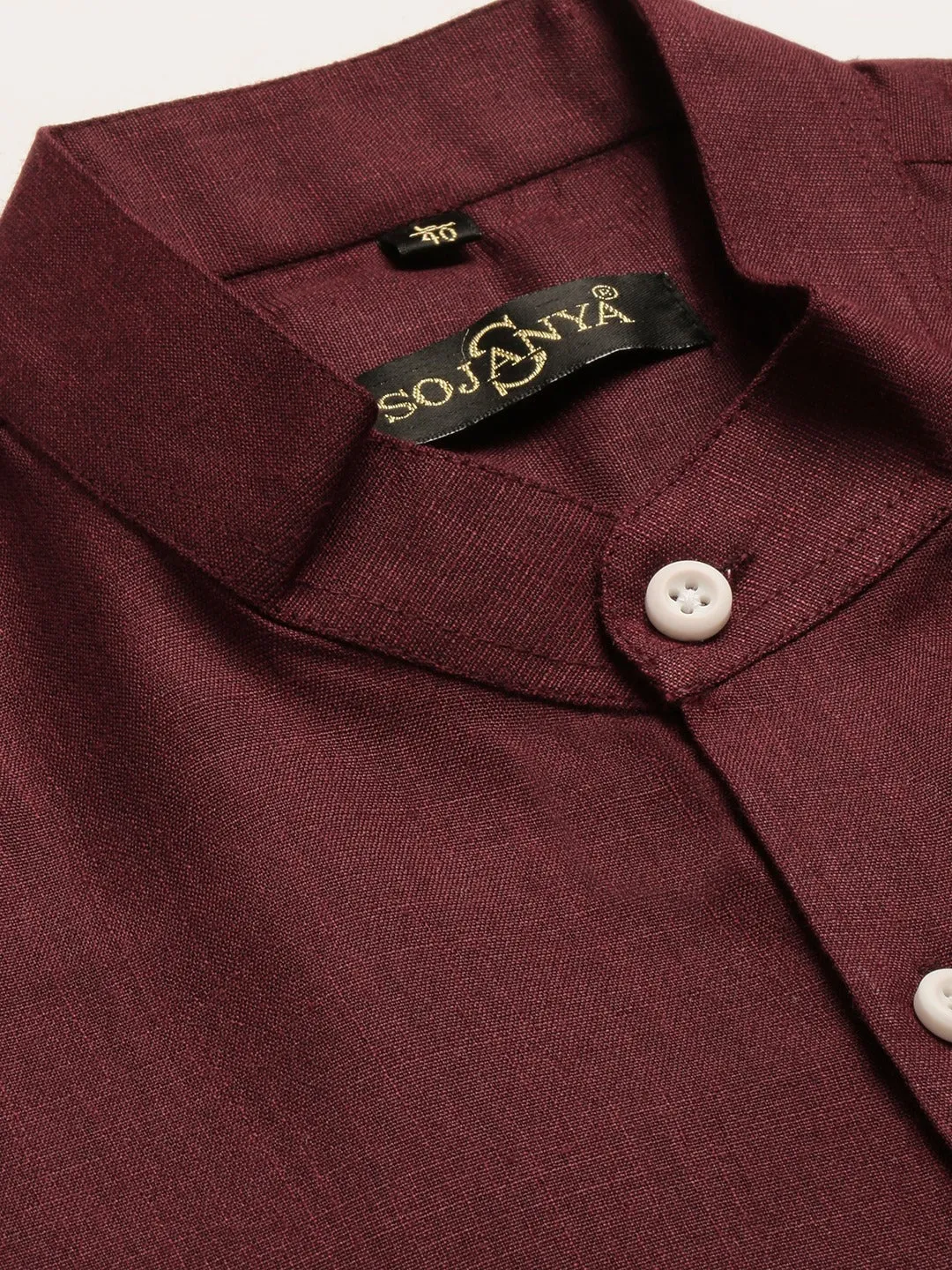 Mens Cotton Linen Burgundy Chinese Collar Shirt - Sojanya