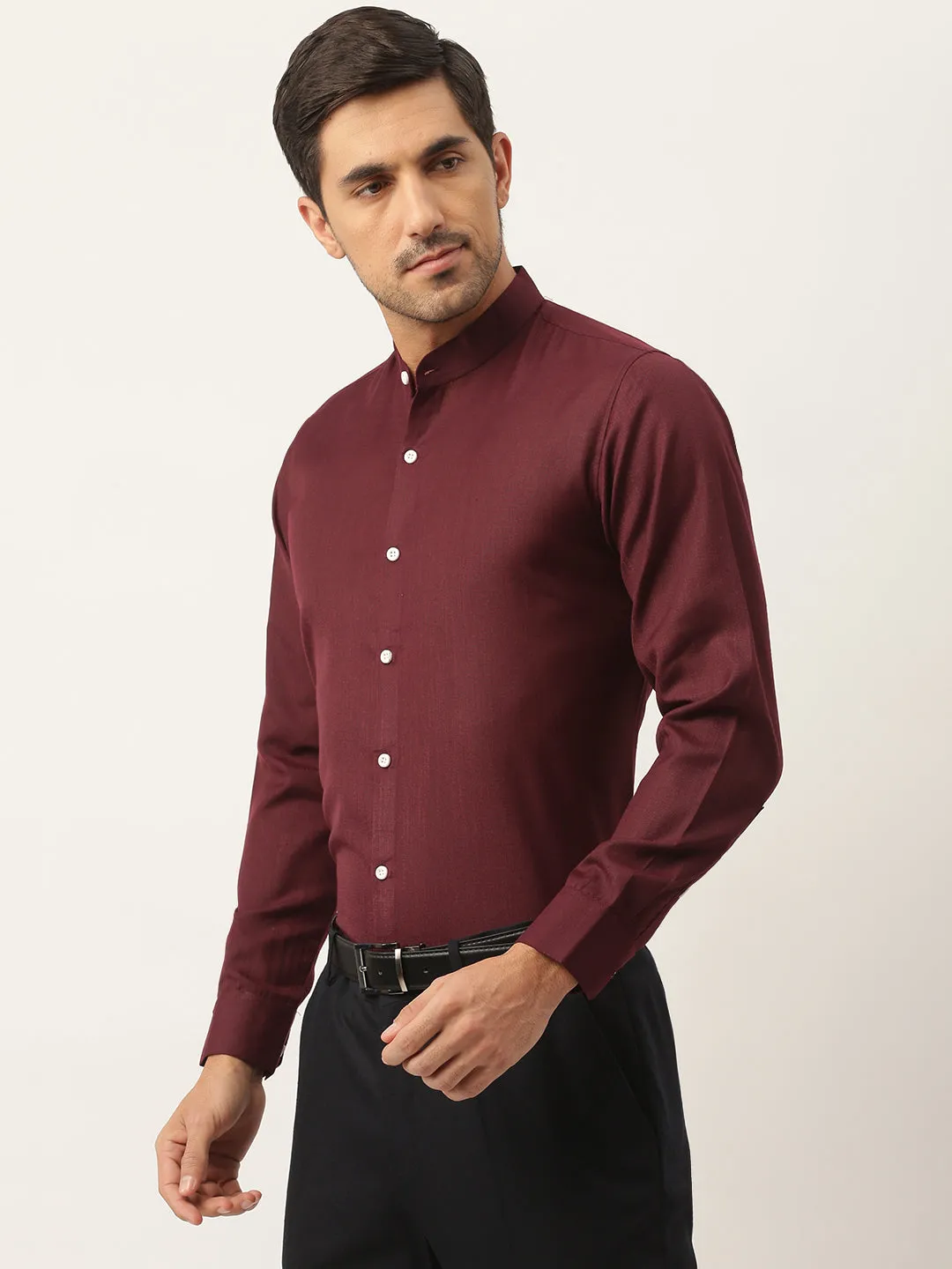 Mens Cotton Linen Burgundy Chinese Collar Shirt - Sojanya