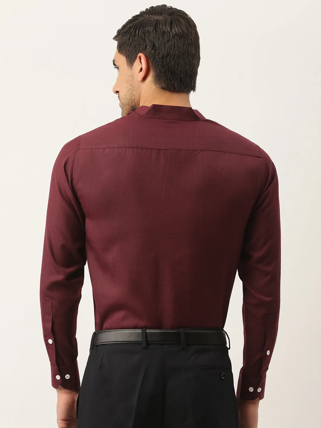 Mens Cotton Linen Burgundy Chinese Collar Shirt - Sojanya