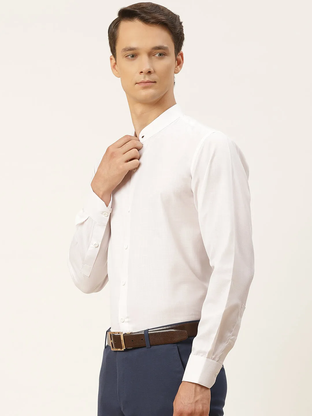 Mens Cotton Linen White Chinese Collar Shirt - Sojanya