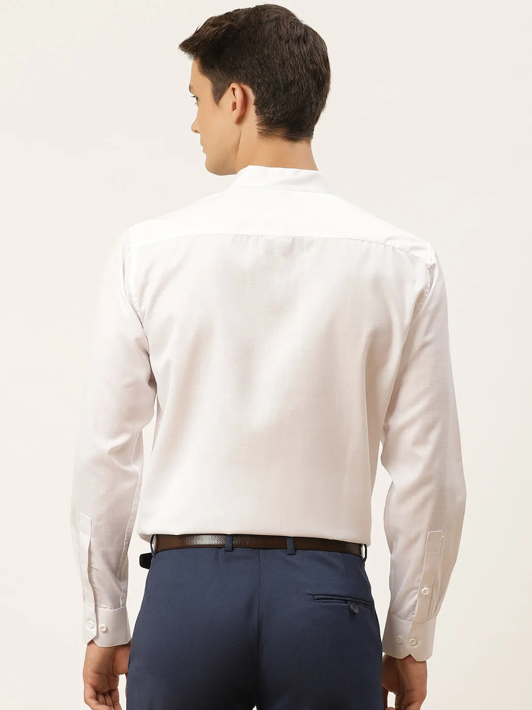 Mens Cotton Linen White Chinese Collar Shirt - Sojanya