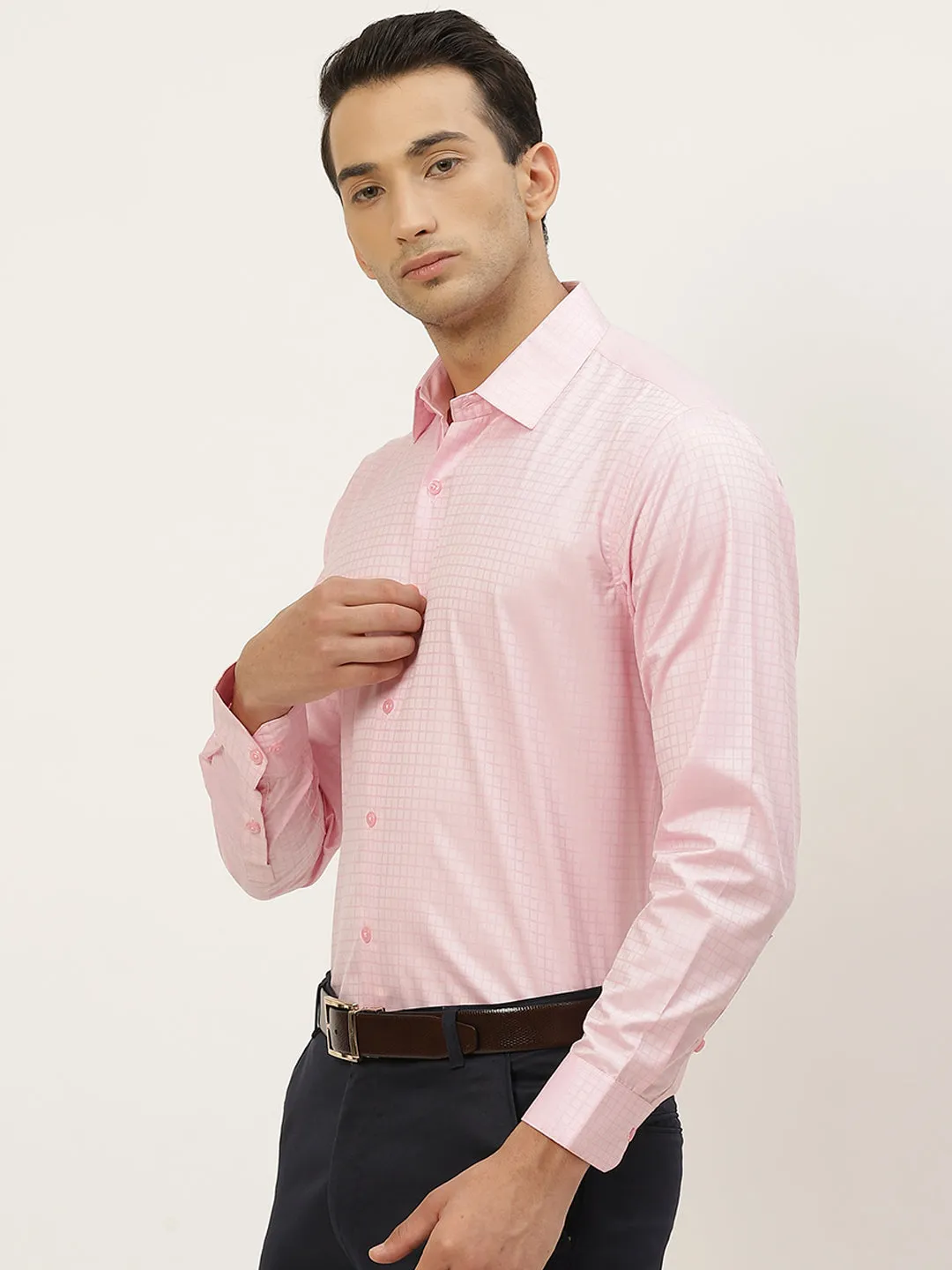 Mens Cotton Pink Checked Formal Shirt - Sojanya