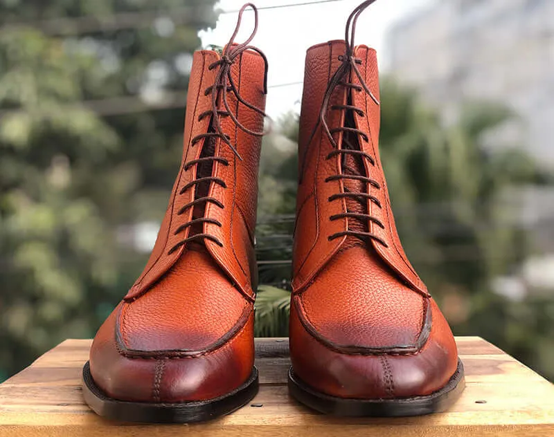 Men's Handmade Ankle High Brown Split Toe Pebbled Leather Lace Up Boot