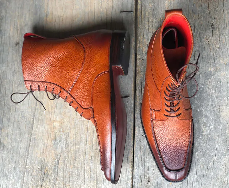Men's Handmade Ankle High Brown Split Toe Pebbled Leather Lace Up Boot