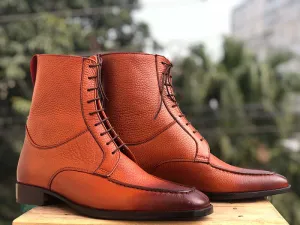 Men's Handmade Ankle High Brown Split Toe Pebbled Leather Lace Up Boot