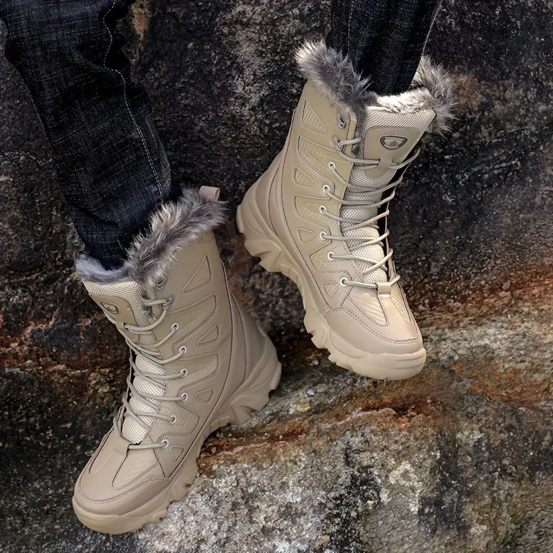 Men's Outdoor Warm Combat Boots Autumn And Winter Fleece Snow Boots, Comfortable And Breathable High Top Boots For Hiking, Mountaineering, Desert Travel