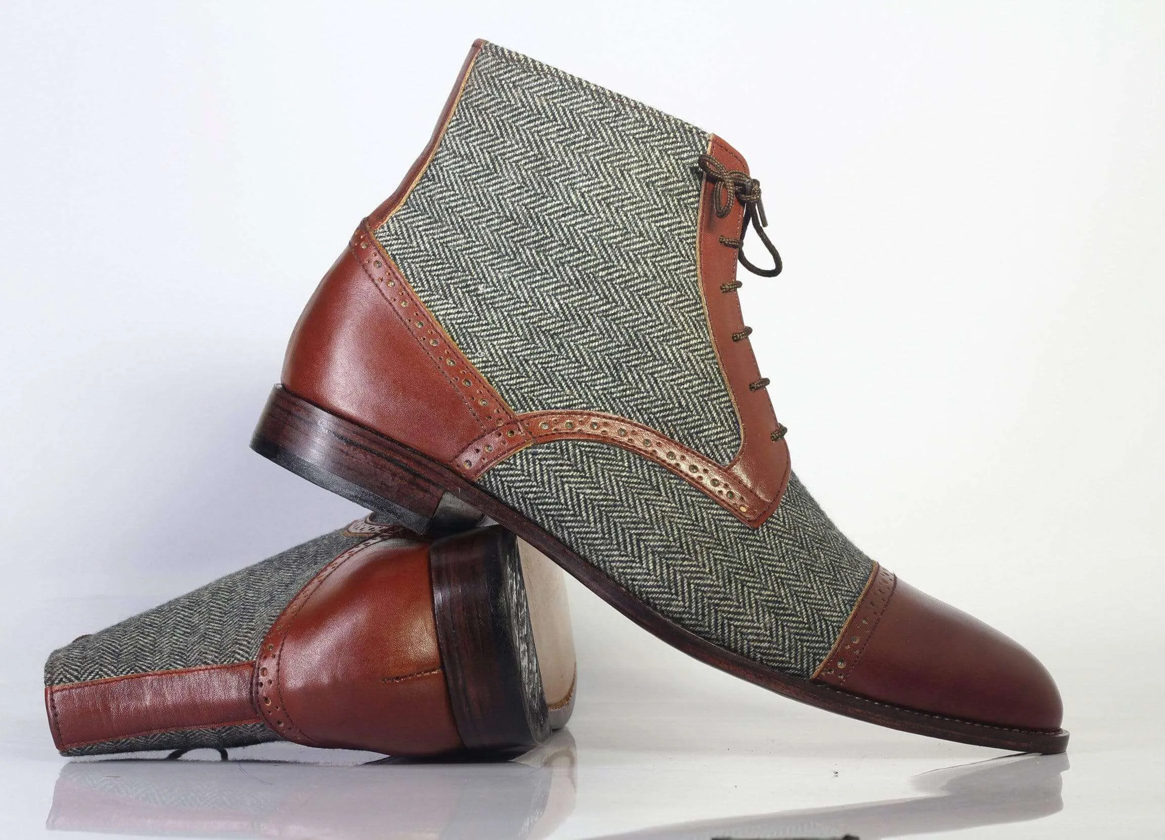 Men's Two Tone Ankle High Lace Up Leather Tweed Boot