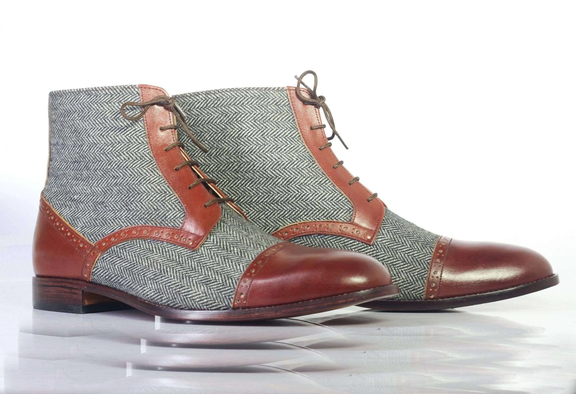 Men's Two Tone Ankle High Lace Up Leather Tweed Boot