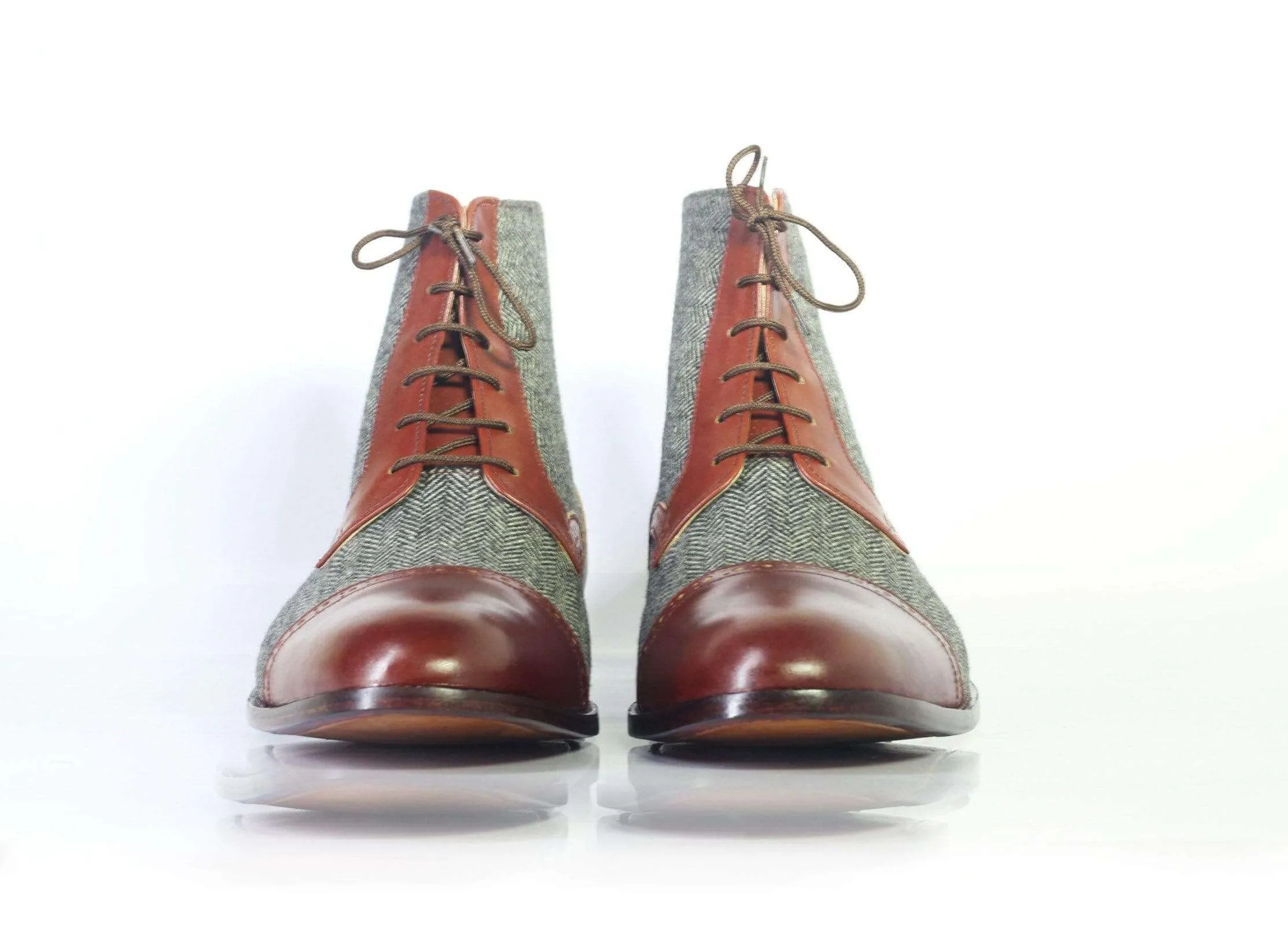 Men's Two Tone Ankle High Lace Up Leather Tweed Boot
