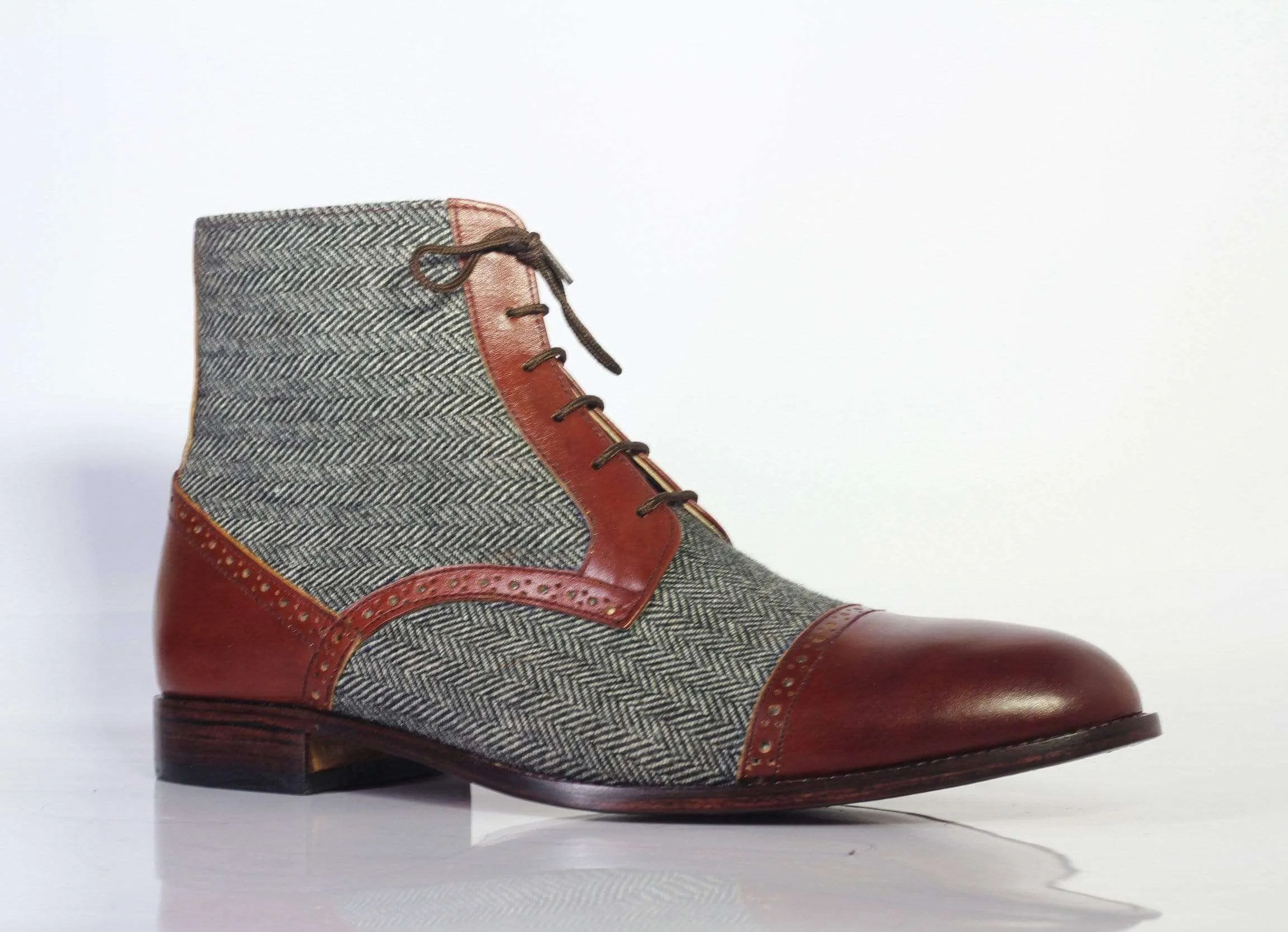 Men's Two Tone Ankle High Lace Up Leather Tweed Boot