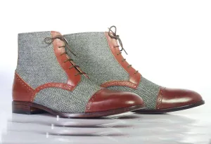 Men's Two Tone Ankle High Lace Up Leather Tweed Boot