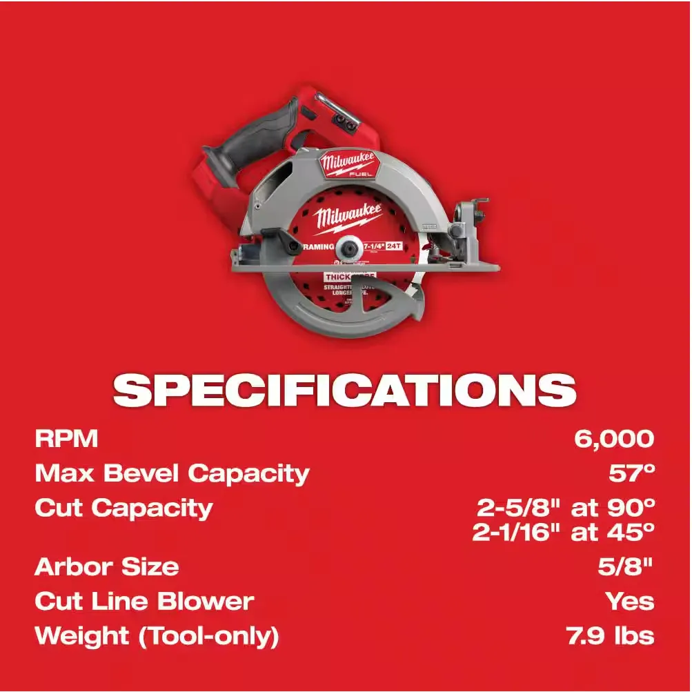 Milwaukee 2834-20 M18 FUEL™ 7-1/4" Circular Saw w/ 24T Thick Kerf Framing Circular Saw Blade (Tool Only)