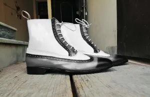 New Men's Handmade Black Gray White Ankle High Leather Lace Up Wing Tip Brogue Boot