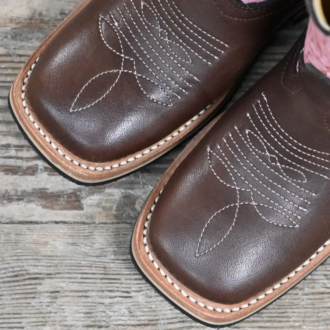 Nutted Calf Henry-Brown Cowhide Wide Square Toe Rubber Sole With Flower Embossed Pink Top