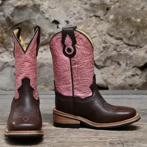 Nutted Calf Henry-Brown Cowhide Wide Square Toe Rubber Sole With Flower Embossed Pink Top