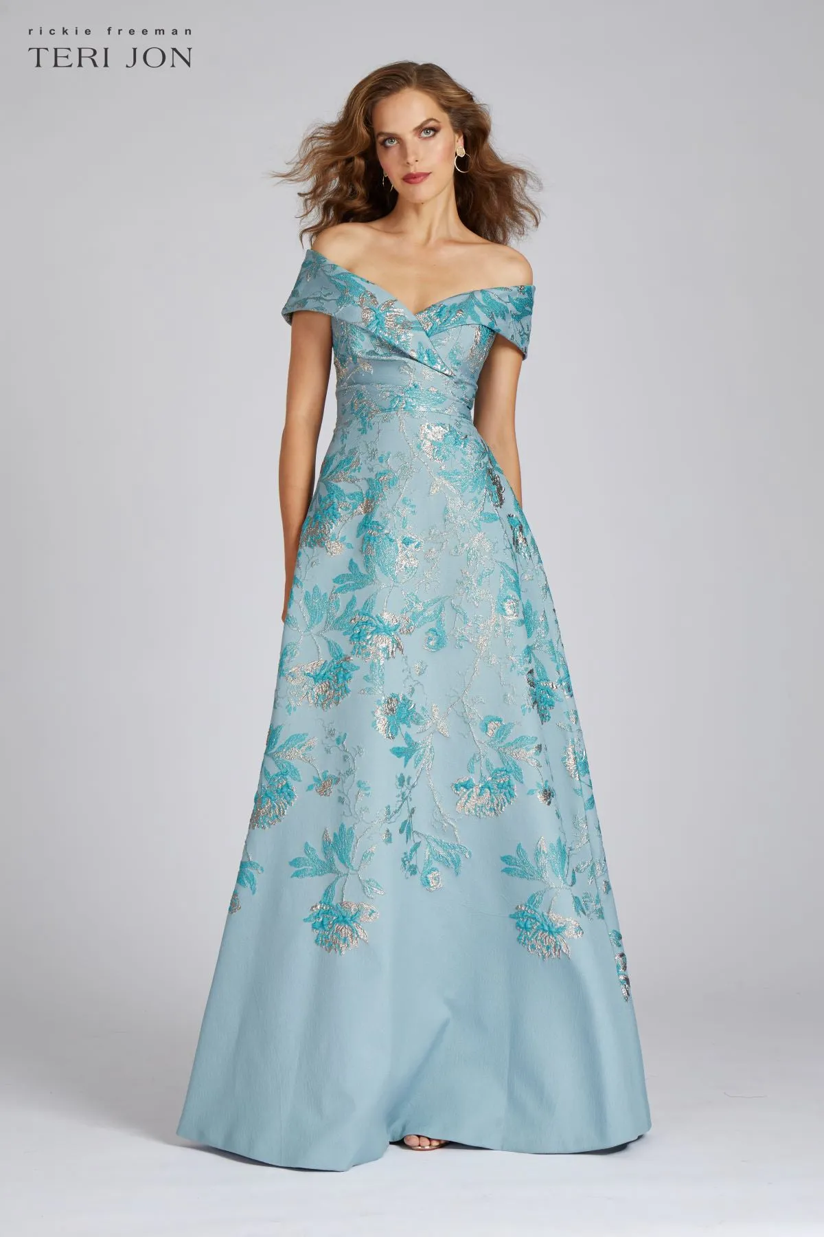 Off The Shoulder Metallic Jacquard A-Line Gown