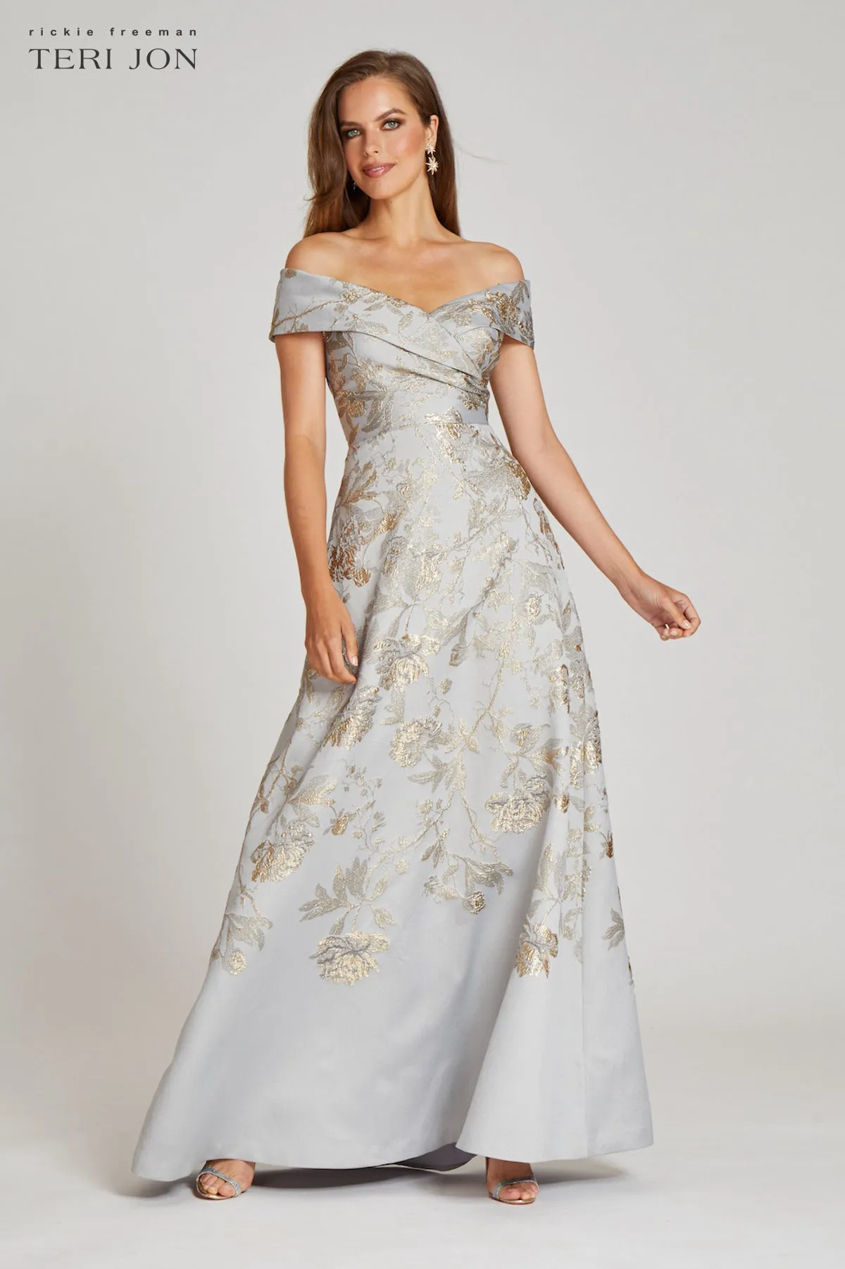 Off The Shoulder Metallic Jacquard A-Line Gown