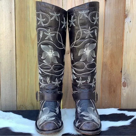 OLD GRINGO Harness Floral Tall Knee High Biker Moto Cowgirl Cowboy Western Boots