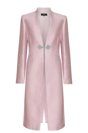 Pale Pink Dress Coat in Silk Brocade with Cord Trim and Frogging - Vicky (Longer Length)