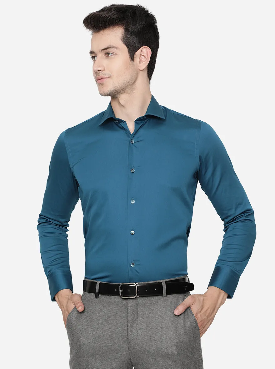 Peacock Blue Solid Slim Fit Party Wear Shirt | Wyre
