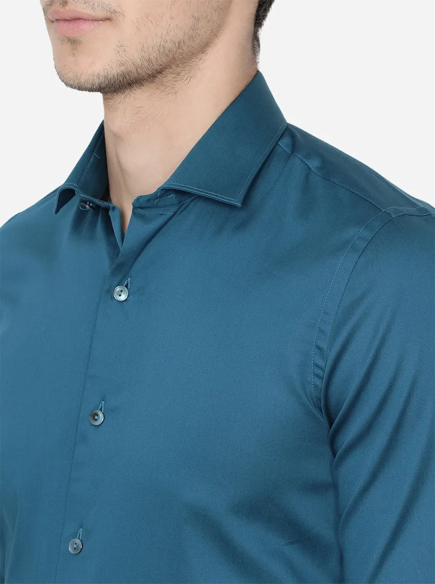 Peacock Blue Solid Slim Fit Party Wear Shirt | Wyre