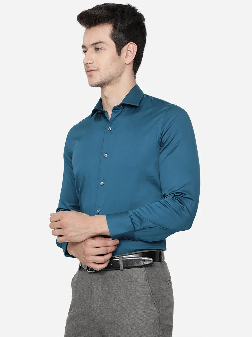 Peacock Blue Solid Slim Fit Party Wear Shirt | Wyre