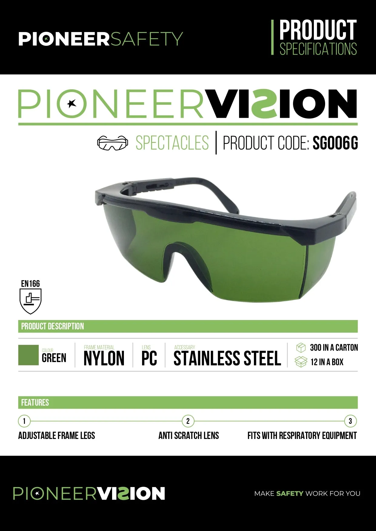 PIONEER SAFETY Glasses Green Anti Scratch