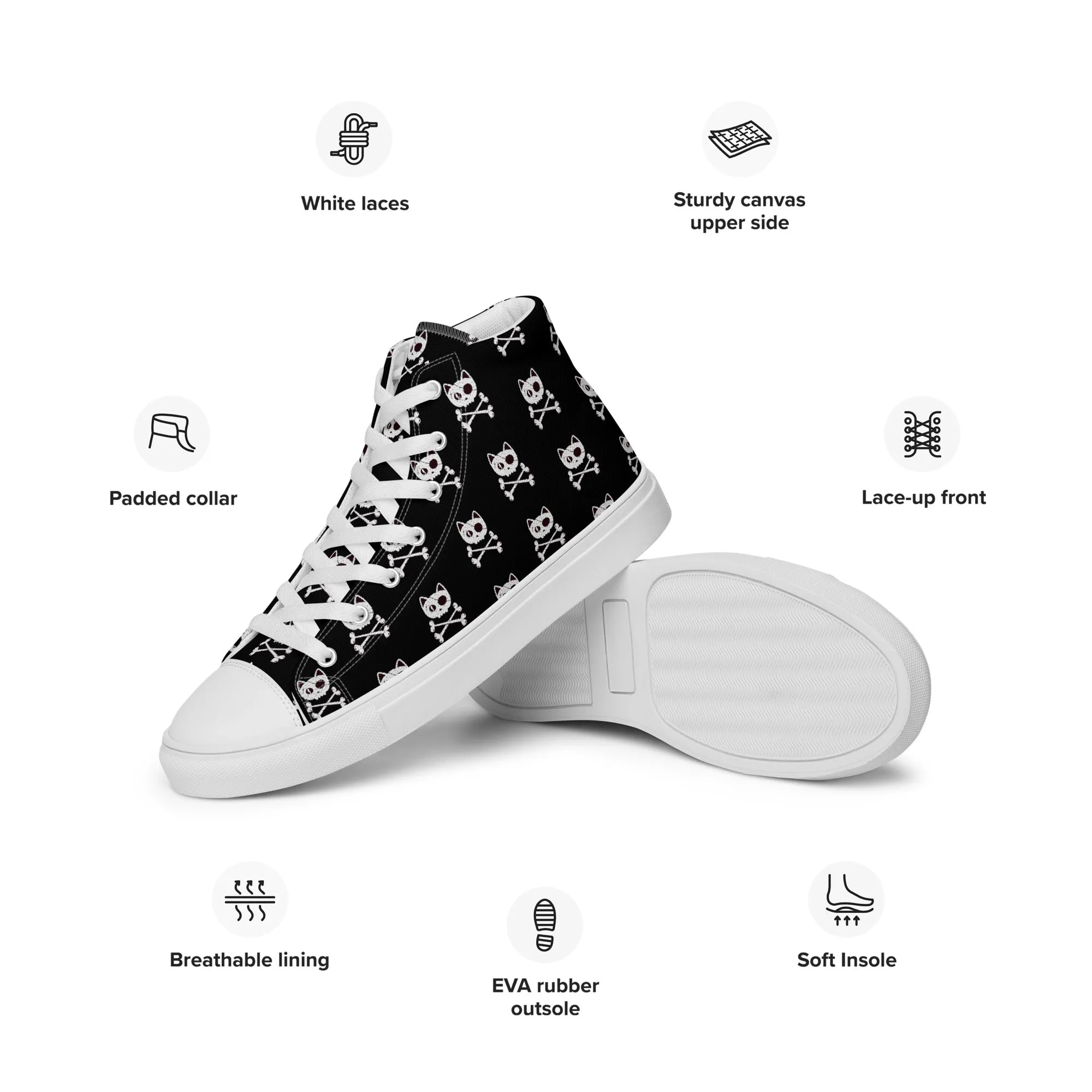 Pirate Cat Skull and Crossbones Women’s high top canvas shoes