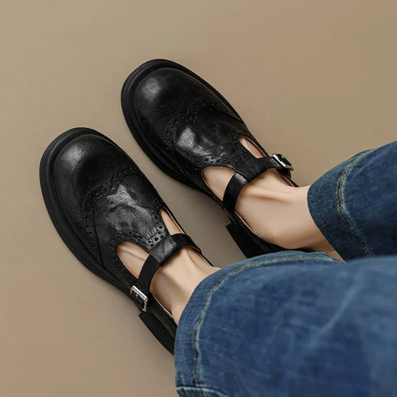 Preppy Style Brogue Carving Sheepskin T Strap Mary Jane in Coffee/Black