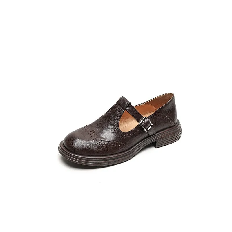 Preppy Style Brogue Carving Sheepskin T Strap Mary Jane in Coffee/Black