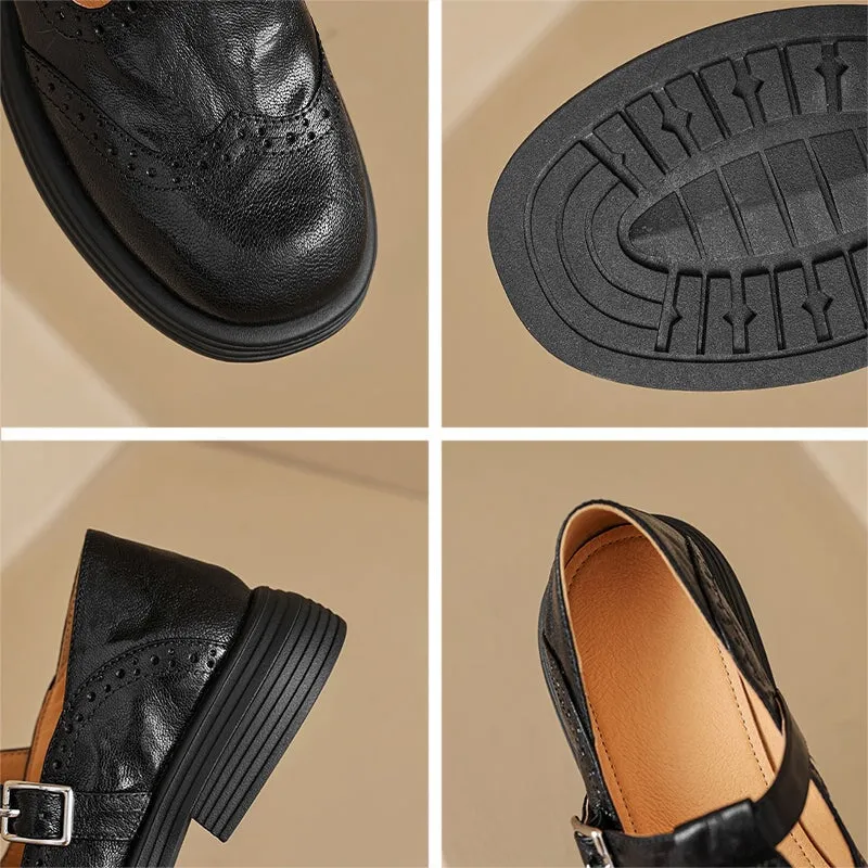 Preppy Style Brogue Carving Sheepskin T Strap Mary Jane in Coffee/Black