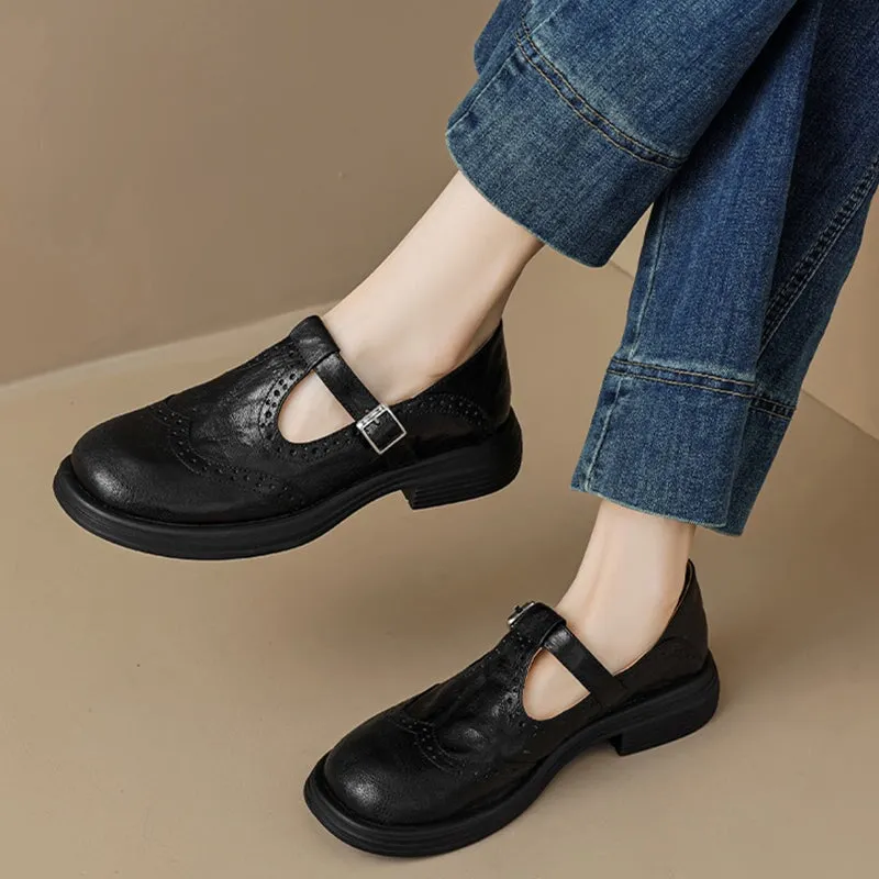 Preppy Style Brogue Carving Sheepskin T Strap Mary Jane in Coffee/Black