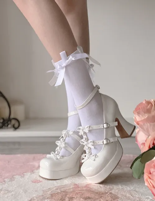 Pure Tea For Dream~Sweet Lolita Platform Pearl Bow Shoes