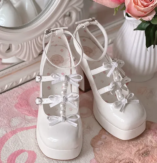 Pure Tea For Dream~Sweet Lolita Platform Pearl Bow Shoes