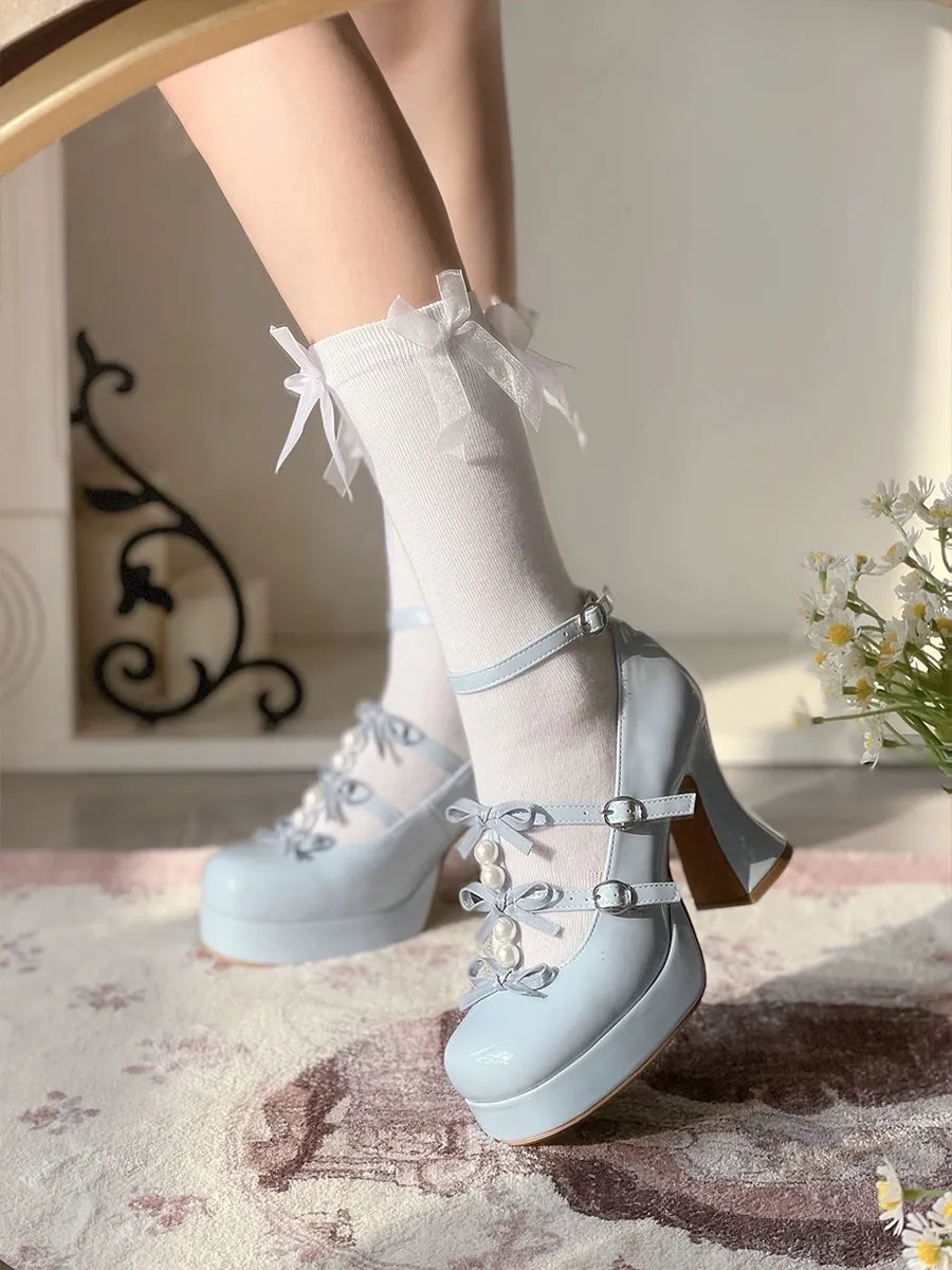 Pure Tea For Dream~Sweet Lolita Platform Pearl Bow Shoes