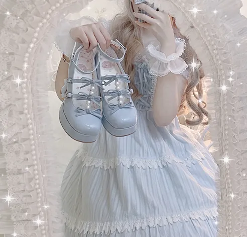 Pure Tea For Dream~Sweet Lolita Platform Pearl Bow Shoes