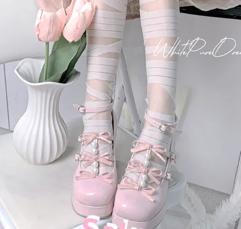 Pure Tea For Dream~Sweet Lolita Platform Pearl Bow Shoes