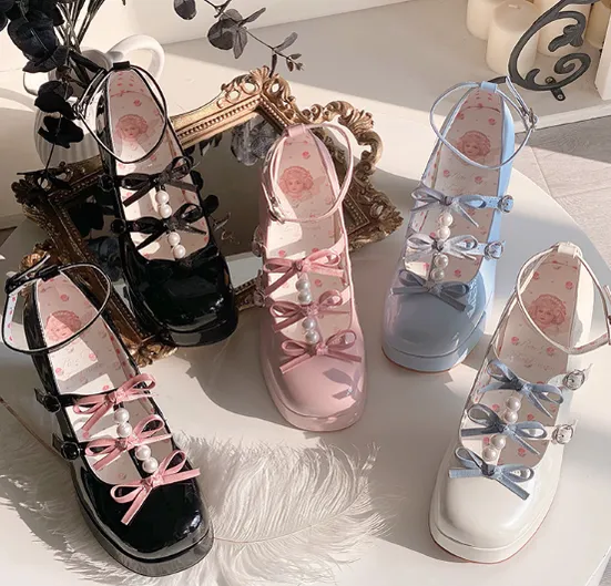 Pure Tea For Dream~Sweet Lolita Platform Pearl Bow Shoes