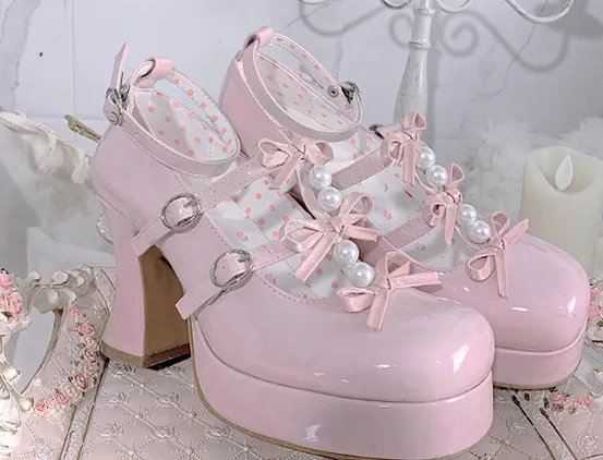 Pure Tea For Dream~Sweet Lolita Platform Pearl Bow Shoes