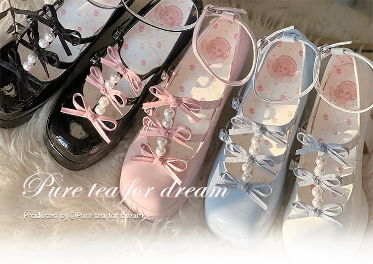 Pure Tea For Dream~Sweet Lolita Platform Pearl Bow Shoes