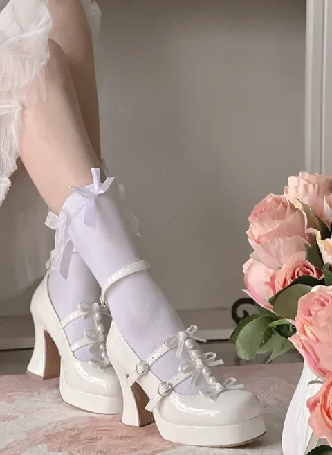 Pure Tea For Dream~Sweet Lolita Platform Pearl Bow Shoes