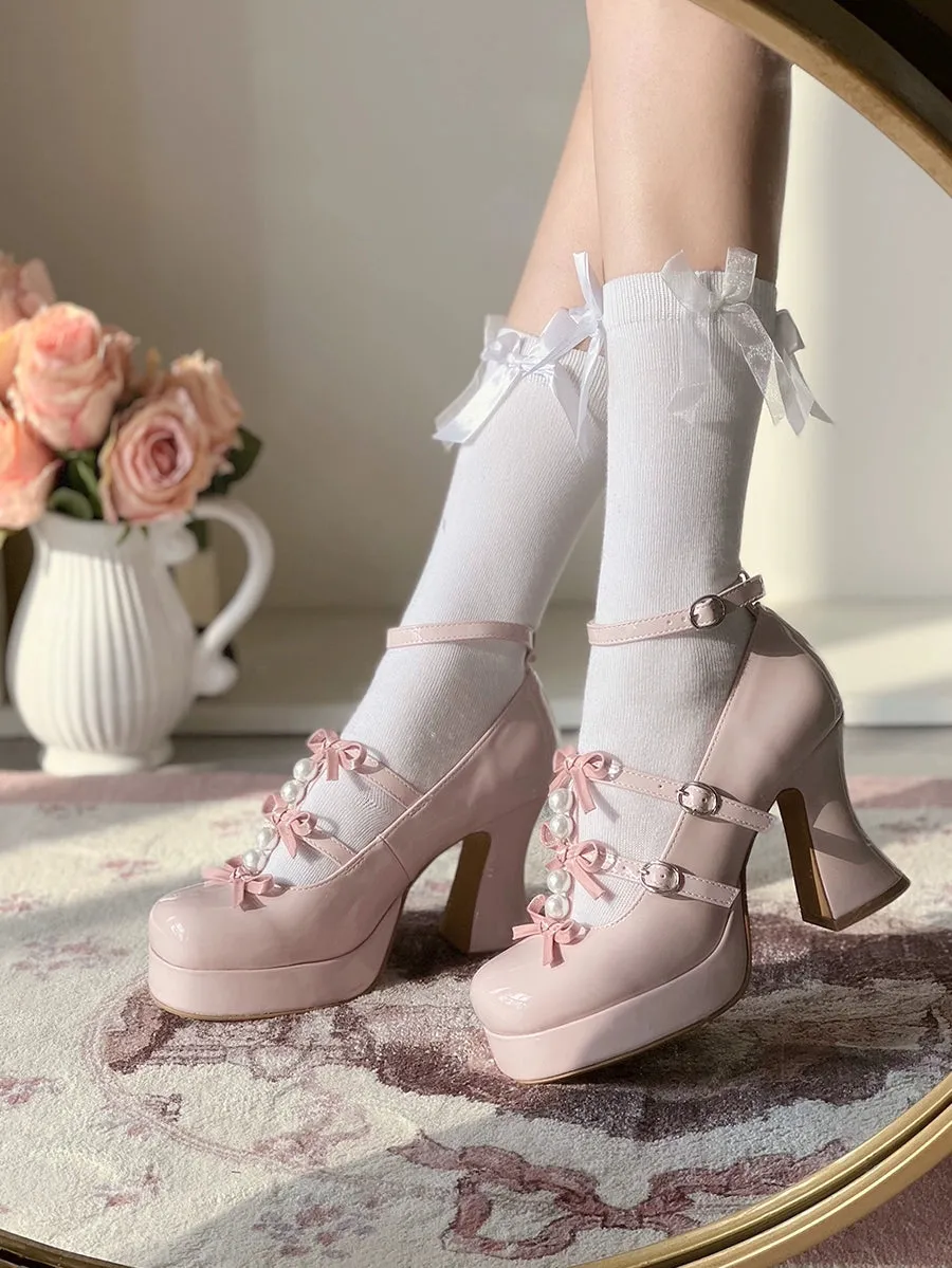 Pure Tea For Dream~Sweet Lolita Platform Pearl Bow Shoes