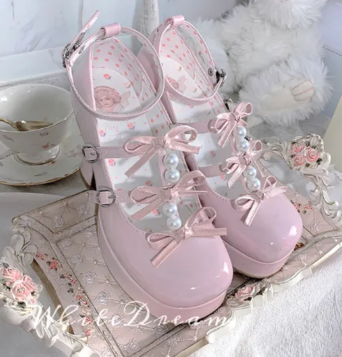 Pure Tea For Dream~Sweet Lolita Platform Pearl Bow Shoes