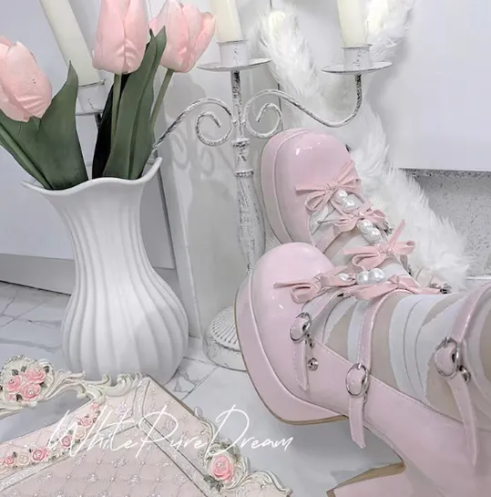 Pure Tea For Dream~Sweet Lolita Platform Pearl Bow Shoes