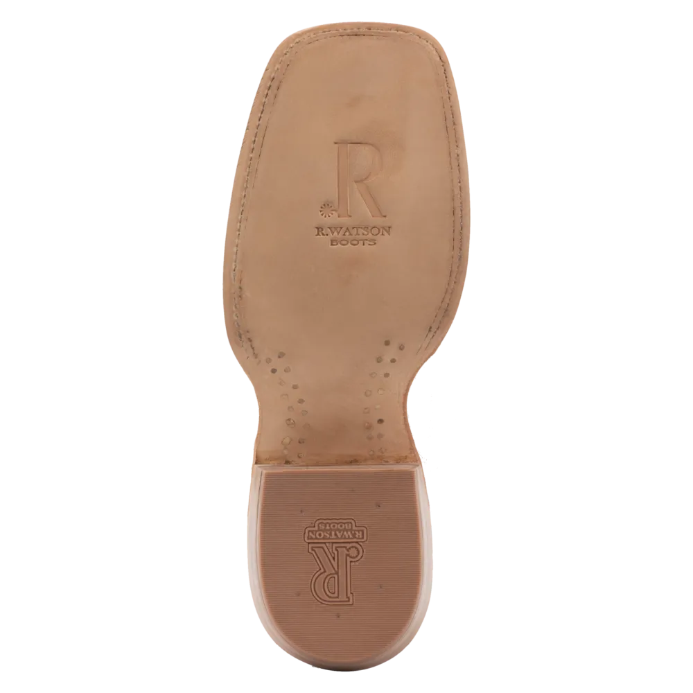 R. Watson RW4506-2 11" Antique Saddle Bruciato Full Quill Ostrich Boot w/Laguna Cognac Cowhide Top Wide Square Toe