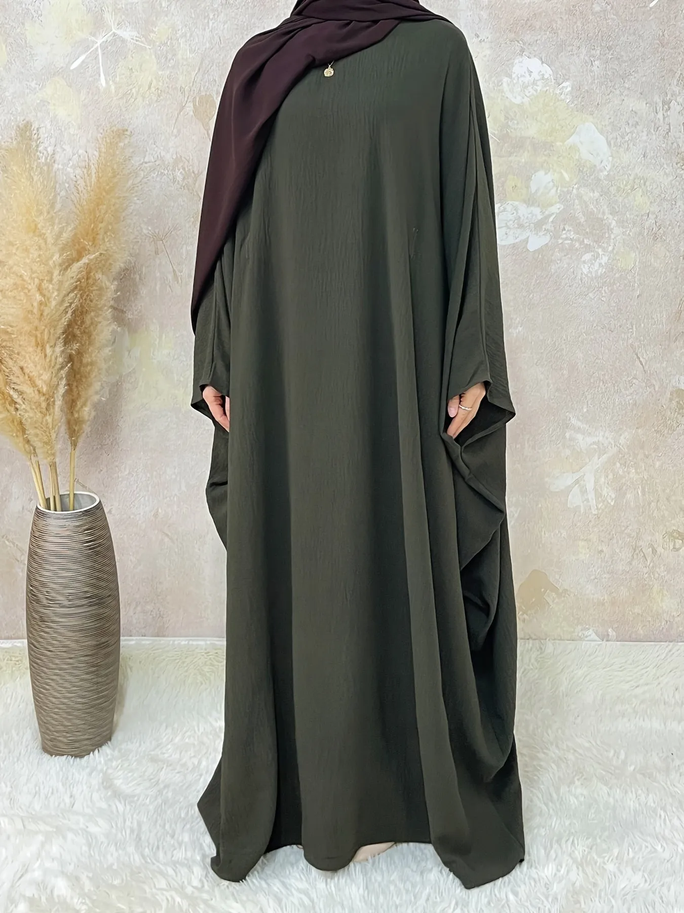 Ramadan Solid Simple Loose Modest Dress, Elegant Batwing Sleeve Maxi Length Dress, Women's Clothing