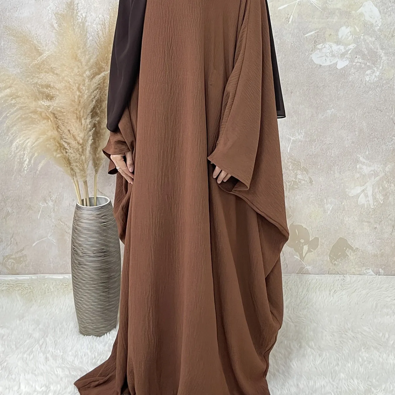 Ramadan Solid Simple Loose Modest Dress, Elegant Batwing Sleeve Maxi Length Dress, Women's Clothing